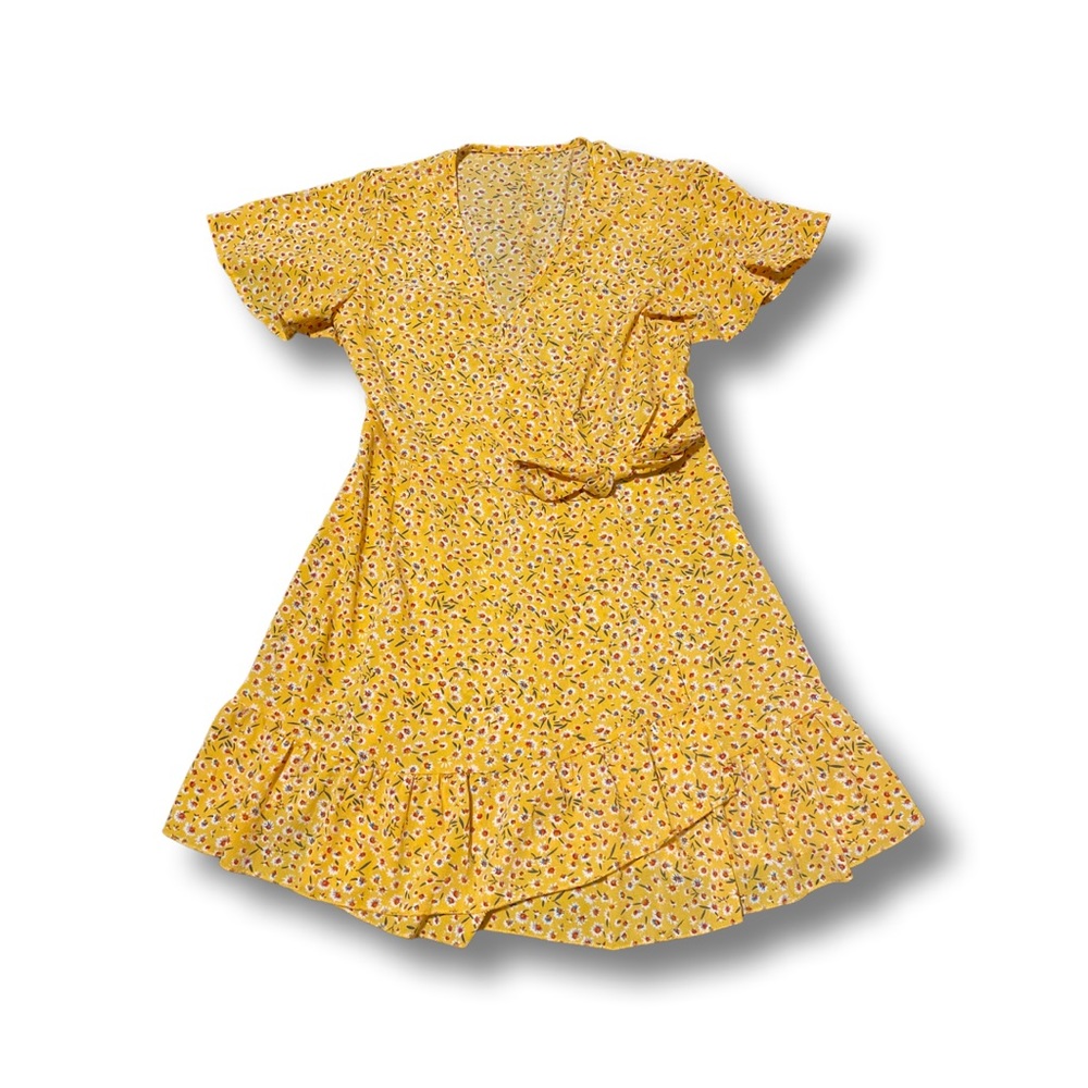 Yellow floral wrap dress. Scallop sleeves & ruffled bottom. 95% poly, 5% spandex